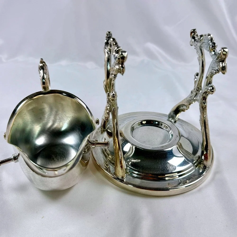 Vintage Ornate Silver Plate Tilting Gravy Boat w/ Rococo Scroll Stand Bridgerton